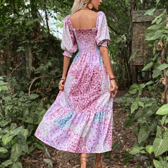 Boho Pink Floral Print Puff Sleeve Ruffle Dress Cottagecore - Picture 4 of 5